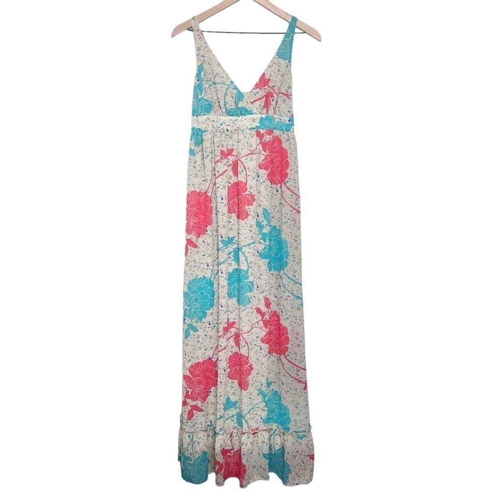 Women's MNG by Mango teal coral tropical floral maxi chiffon dress size 4